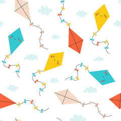 Seamless pattern with kites in the sky. Childish fabric design. Vector illustrations.