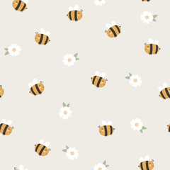 Seamless pattern with bees and flowers. Vector illustrations