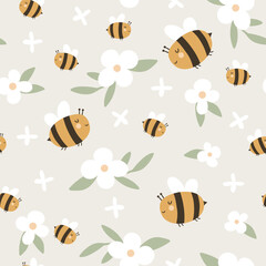 Seamless pattern with bees and flowers. Vector illustrations - 752083237