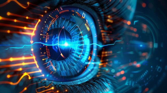 Abstract cyber circuit: futuristic technology background with illuminated eye - conceptual image