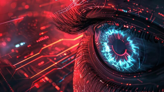 Abstract cyber circuit: futuristic technology background with illuminated eye - conceptual image