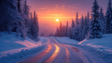 Road leading towards colorful sunrise with snow covered trees 