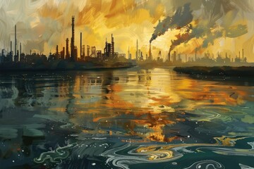 Naklejka premium environmental impact industrial activity, Oil and wastewater spilling on beach of industrial city