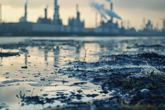 environmental impact industrial activity, Oil and wastewater spilling on beach of industrial city