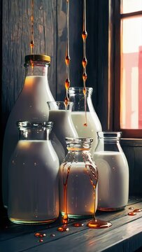 Fresh milk in different glass bottles standing served with honey over dark wooden background.