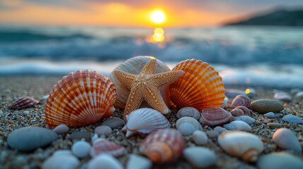 Sea shells and rocks on the beach - obrazy, fototapety, plakaty