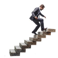 Business man balancing on a block of stairs on a white background, no background