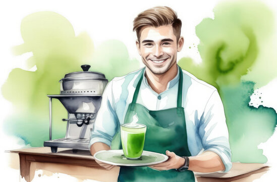 Caucasian male barista with cup of Japanese green matcha tea on tray, watercolor illustration