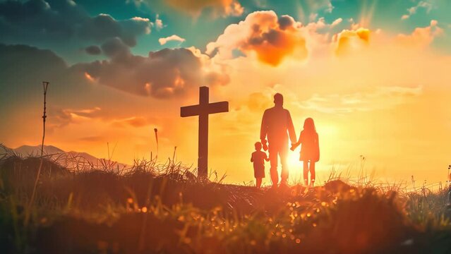 A Illustration of a family standing next to Jesus Christ cross with a beautiful sky shine scene, death and resurrection of Jesus Christ 4k video