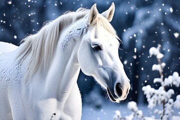 white horse in winter - obrazy, fototapety, plakaty