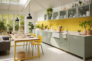 An open-plan kitchen with minimalist fixtures in shades of muted greens, balanced by splashes of bright yellow in its accessories.