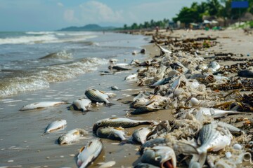Obraz premium environmental impact industrial activity, Oil wastewater is spilling on beach, dead fishes on shore