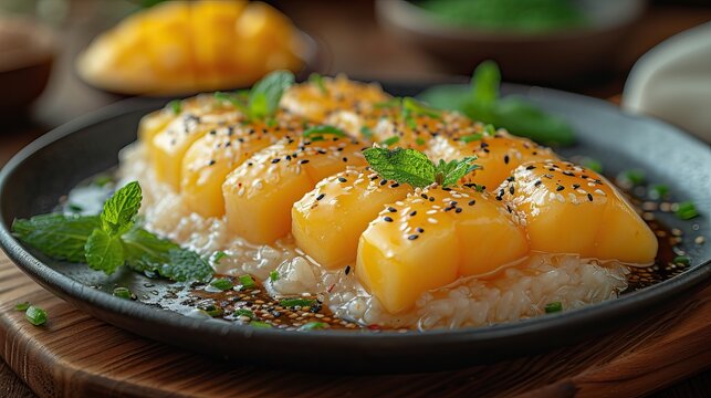 Mango Sticky Rice from Bangkok, Thailand, is a dessert with a combination of ripe mango, sweet sticky rice and coconut milk