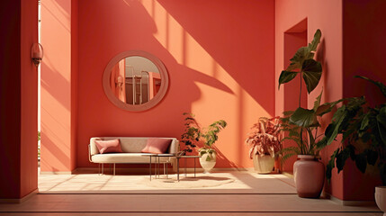 An unblemished coral pink wall, illuminated by natural sunlight, radiating warmth and a sense of openness.