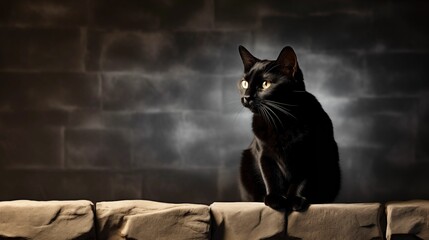Black cat sitting on a stone wall.