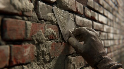 Bricklayer applying mortar to a brick wall, using a trowel.