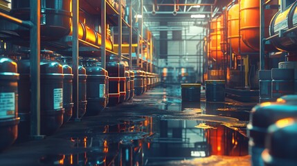 Chemical containers neatly stored in a factory setting. - obrazy, fototapety, plakaty