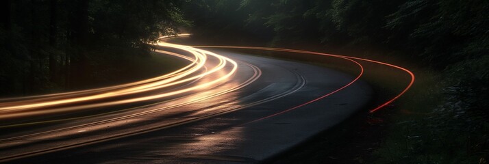 Cars light up trails on a curved paved road.