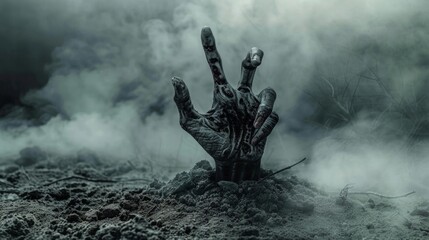 A zombie hand rises from a pile of dirt, showcasing a spooky and eerie scene - obrazy, fototapety, plakaty