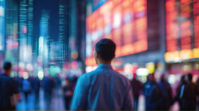 Blurred image of business people walking in the city at night.