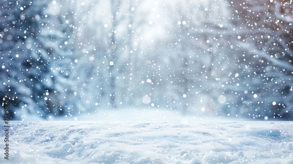 Poster a field covered in snow with trees in the background, creating a winter landscape scene