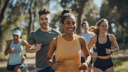 Group of young people in sports clothing jogging together outdoors - obrazy, fototapety, plakaty