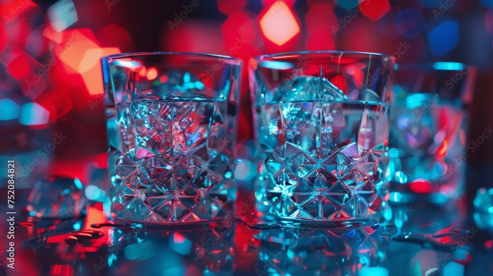 Poster crystal whiskey glasses on a table with ice cubes and mesmerizing red bokeh lighting in the backgrou