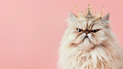 Grumpy Persian cat with crown on pastel pink background - obrazy, fototapety, plakaty