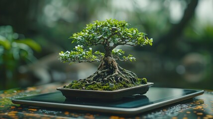 Bonsai tree thriving atop a digital tablet display