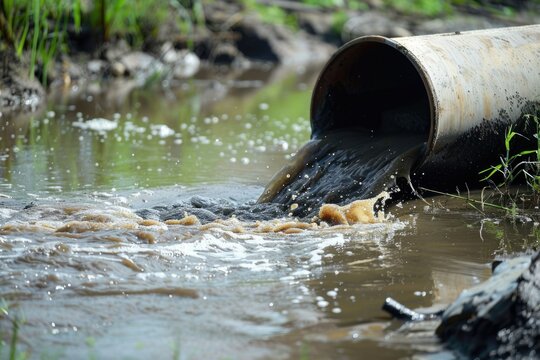 Water pollution, environment contamination. Contaminated water, Dirty sewage flows from pipe