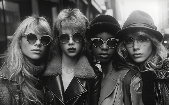 portrait of four fashion woman models in hat and sunglasses on street in the city in autumn. Vintage retro black and white film photography from the 1980s