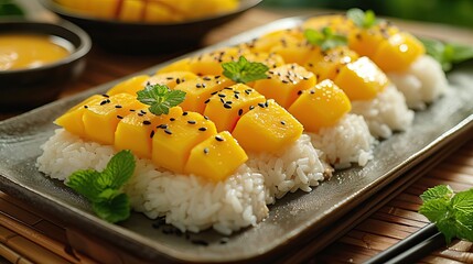 Mango Sticky Rice from Bangkok, Thailand, is a dessert with a combination of ripe mango, sweet sticky rice and coconut milk - obrazy, fototapety, plakaty