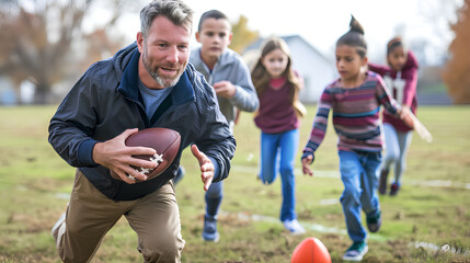 Obraz premium Elementary school coach playing American football with his students