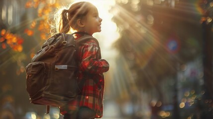Young girl with a leather backpack exploring the city on a sunlit day, embodying adventure and curiosity.