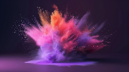 A colorful explosion of pink, purple, red, and orange powder on a black background creates a...