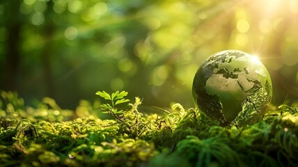 a screensaver with a crystal ball in the forest, against the background of nature. The concept of Earth Day - obrazy, fototapety, plakaty