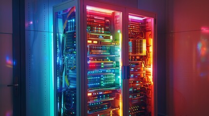 Illuminated server room panel with glowing lights and cables, technology infrastructure concept