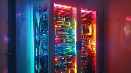 Photo sur Aluminium Magasin de musique Illuminated server room panel with glowing lights and cables, technology infrastructure concept