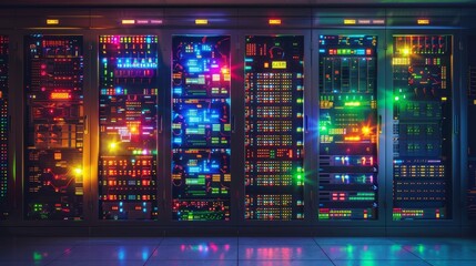 Illuminated server room panel with glowing lights and cables, technology infrastructure concept