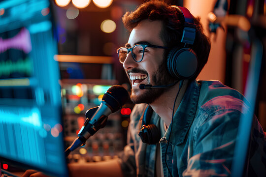Happy radio presenter speaking into a microphone in a studio