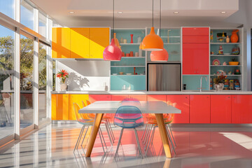 Bright and airy kitchen featuring minimalistic cabinets, pops of vibrant colors, and captured in stunning HD detail.