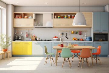 Bright kitchen space featuring minimalistic cabinets, pops of colorful utensils, and simple yet inviting design, in HD quality.