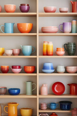 Bright, open shelving showcasing a collection of colorful ceramics against a backdrop of minimalist kitchen walls.