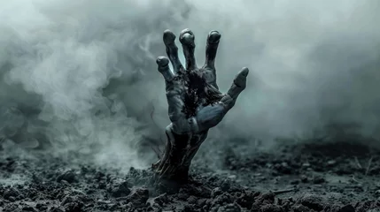 Fotobehang A hand reaches out of the ground, emanating smoke in a chilling, otherworldly display © tashechka