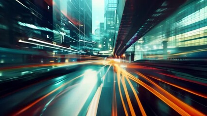 An abstract depiction of the urban landscape with long exposure streaks painting over the concrete roads and highways.
