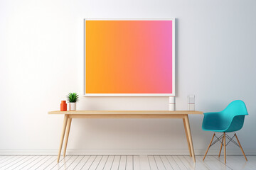 Captured by an HD camera, an office interior with a blank white frame, minimalistic design, mockup, simple, and infused with a burst of vibrant colors.