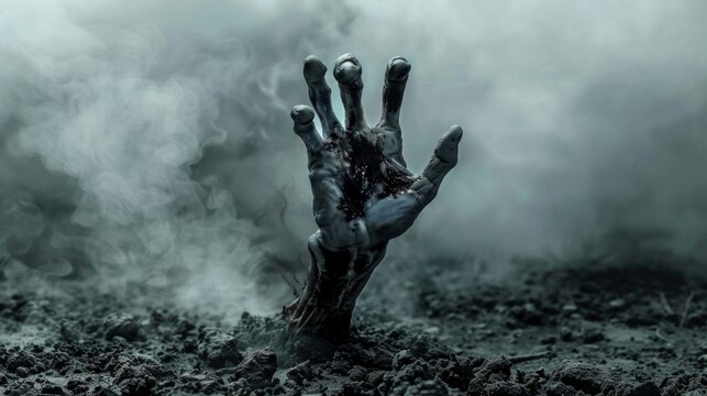 A hand reaches out of the ground, emanating smoke in a chilling, otherworldly display