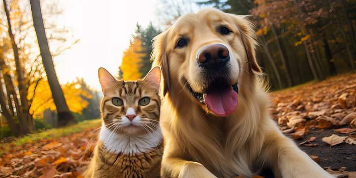 A funny dog and cat making selfie together. Autmn landscape