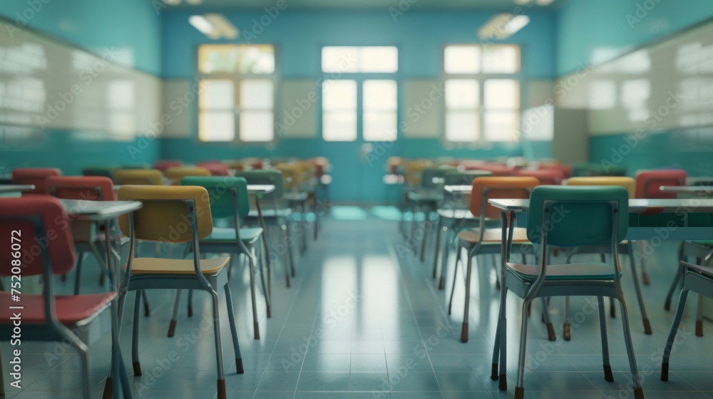 Poster a school classroom with numerous desks and chairs, creating a crowded and bustling learning environm