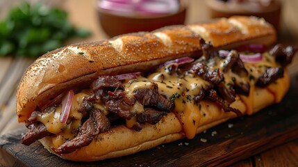 Philadelphia Cheesesteak with succulent beef strips, cheese sauce and onions